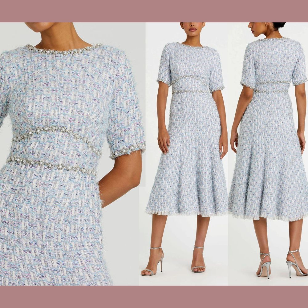 Nwt $398 Mac Duggal [ 4 ] 20806 Short Sleeve Beaded Trim Boucle Midi Dress Q883